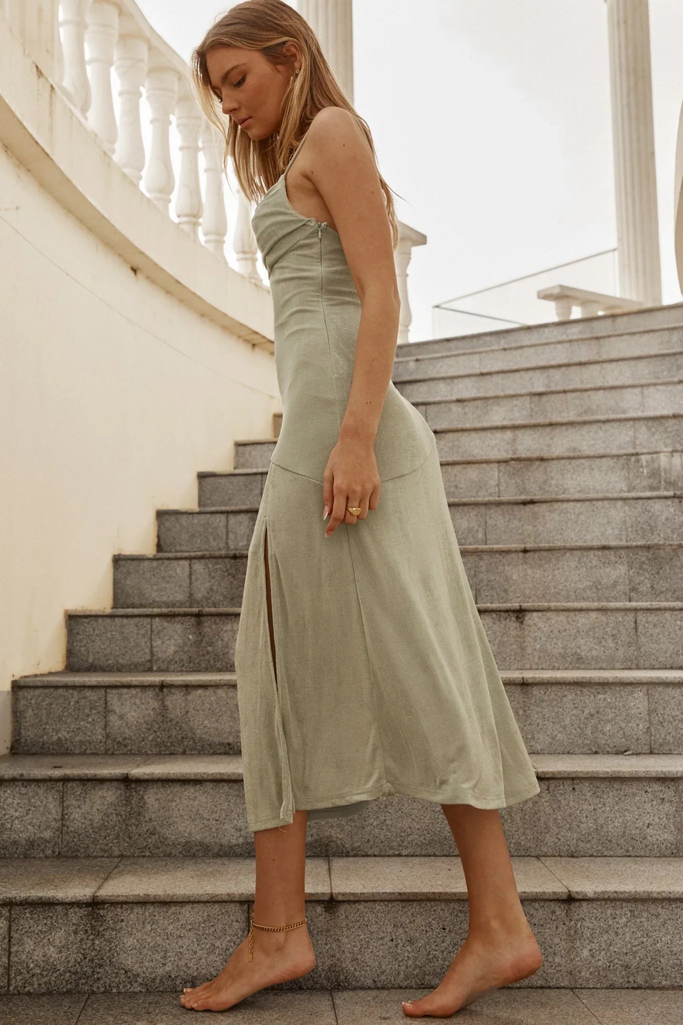 Well Versed Pleated Bust Front Split Dress Jersey Sage