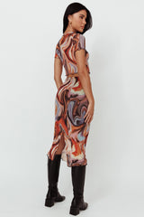 Priyanka Lettuce Edge Mesh Midi Skirt Brown Multi