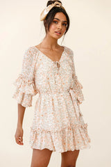 Forever Sunshine Flared Sleeve Waist Tie Dress Floral Print Nude