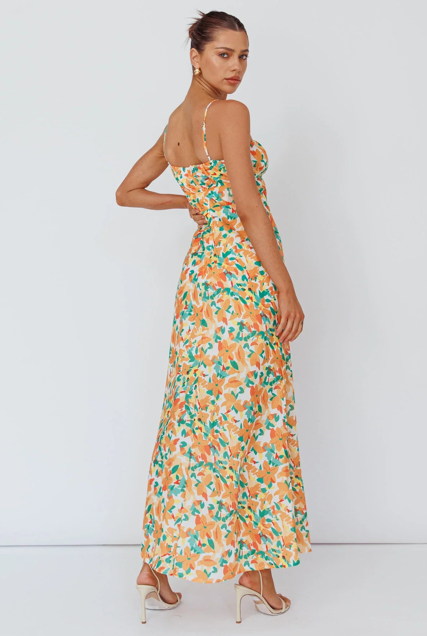 Solstice Noon Tied Bust Midi Dress Print Orange