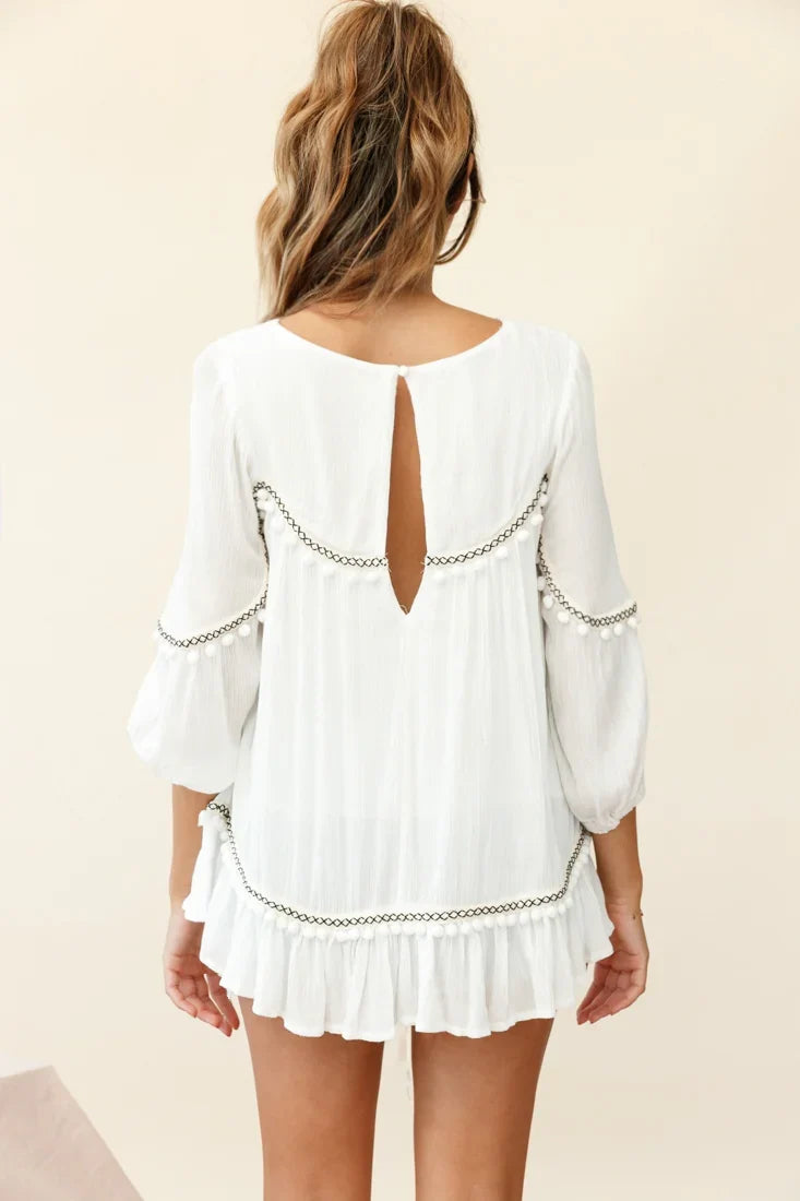 Marionette Three-Quarter Sleeve Pom-Pom Top White