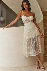 Daytona Lace Overlay Padded Bust Midi Dress Beige