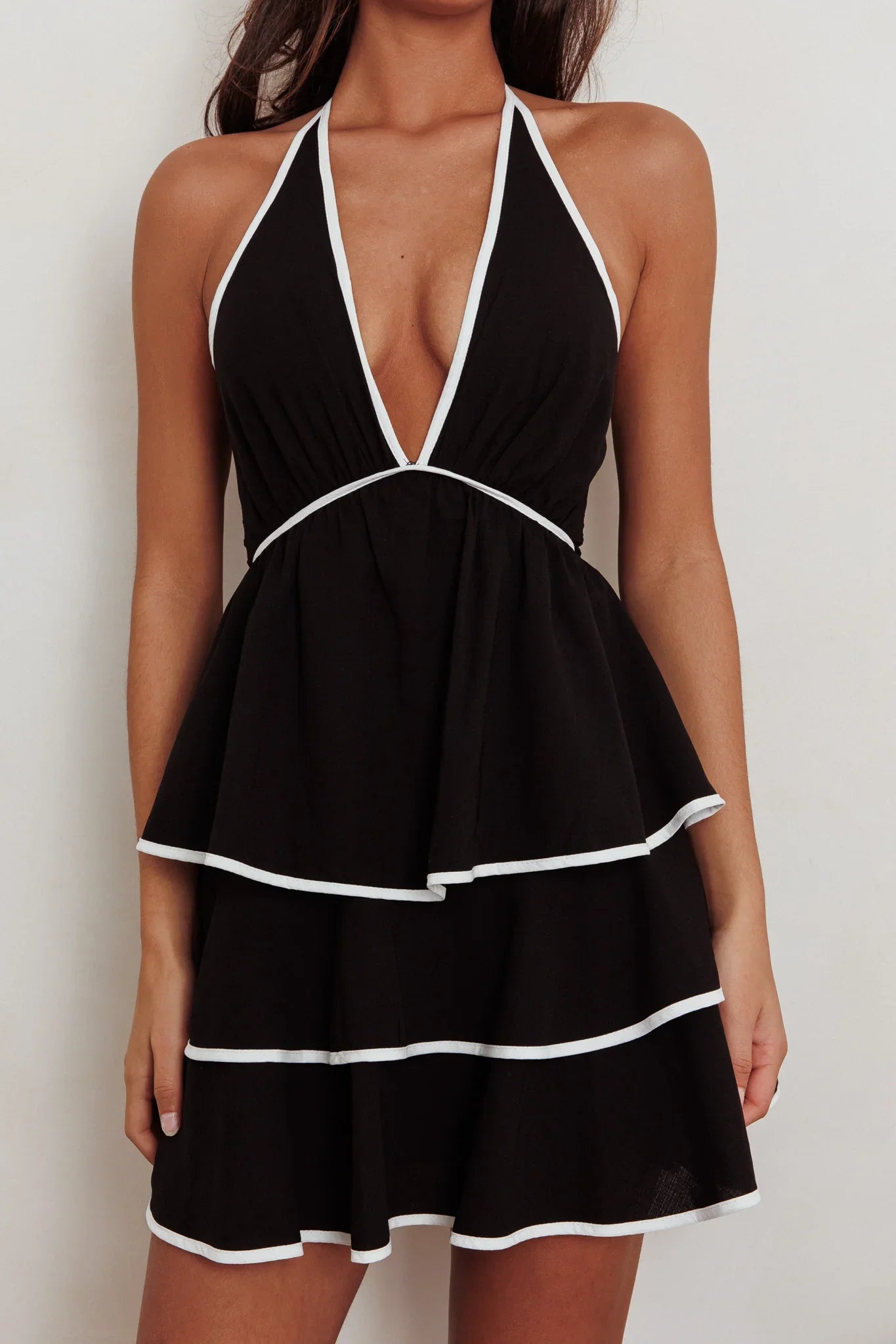 Catalina Tiered Ruffle Mini Dress Black/White