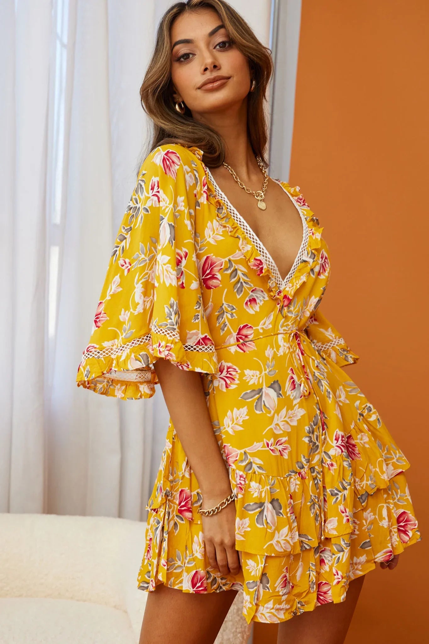 Lotus Crochet Trim Angel Sleeve Dress Floral Print Mustard