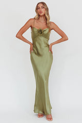 High Roller Cowl Back Rosette Maxi Dress Olive