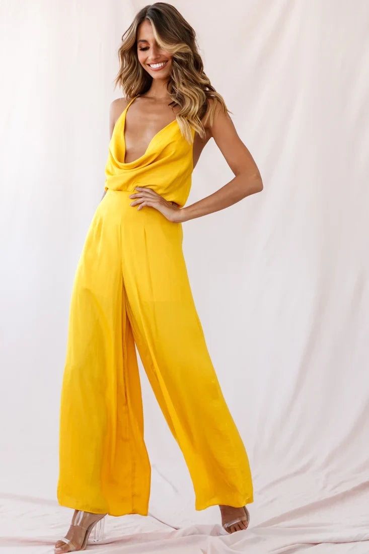 Jaclyn Wide-Leg Cowl Neck Jumpsuit Mustard